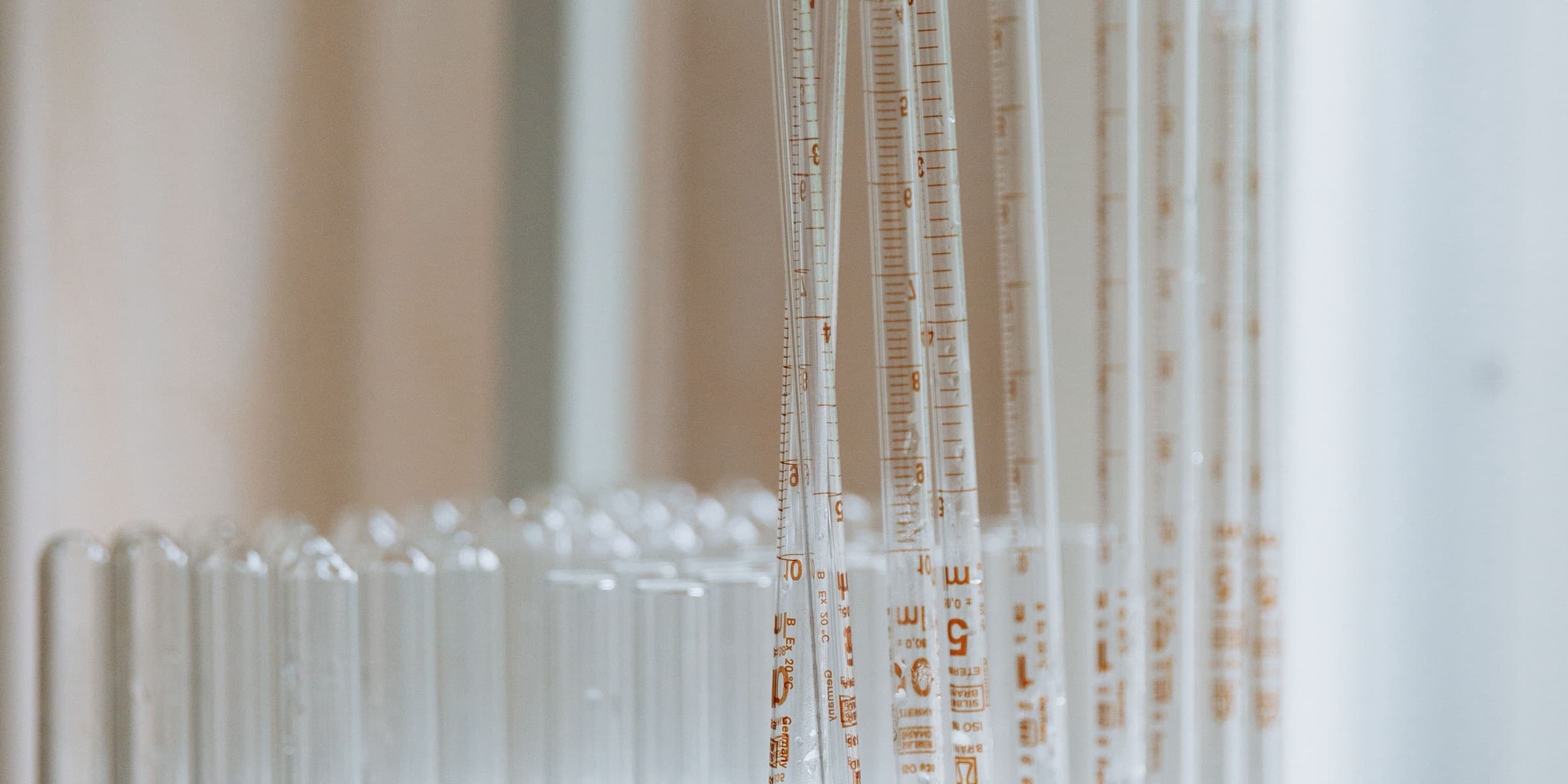 Clean glass test tubes in a laboratory